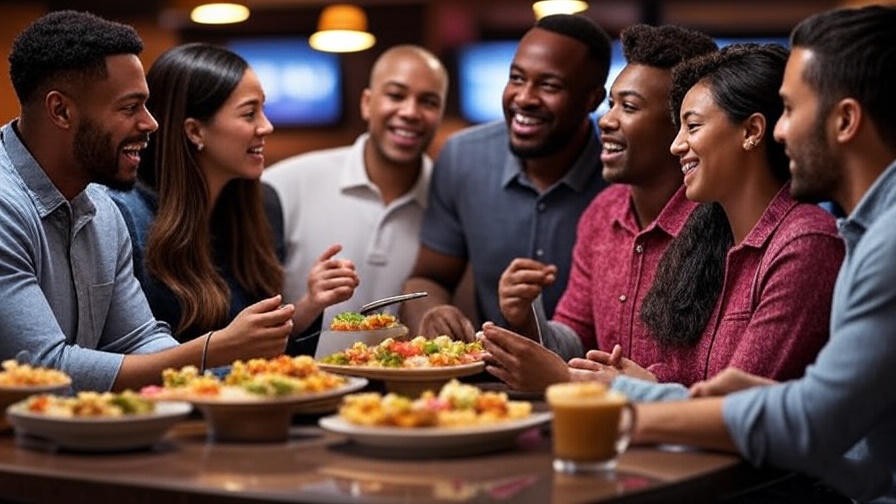 Diverse group enjoying lively conversation at BJ’s with appetizers and drinks.