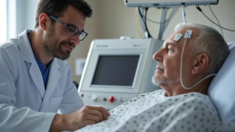 Medical professional conducting sleep study on veteran with polysomnography equipment