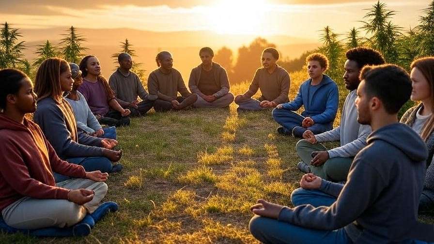 Group meditating outdoors with cannabis plants, representing success stories of weed and meditation.