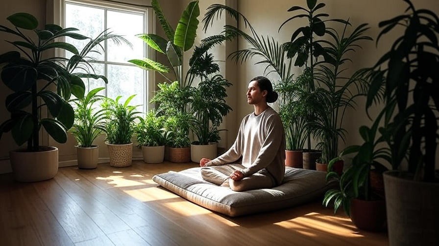 Cozy meditation corner with cushion and plants for daily practice