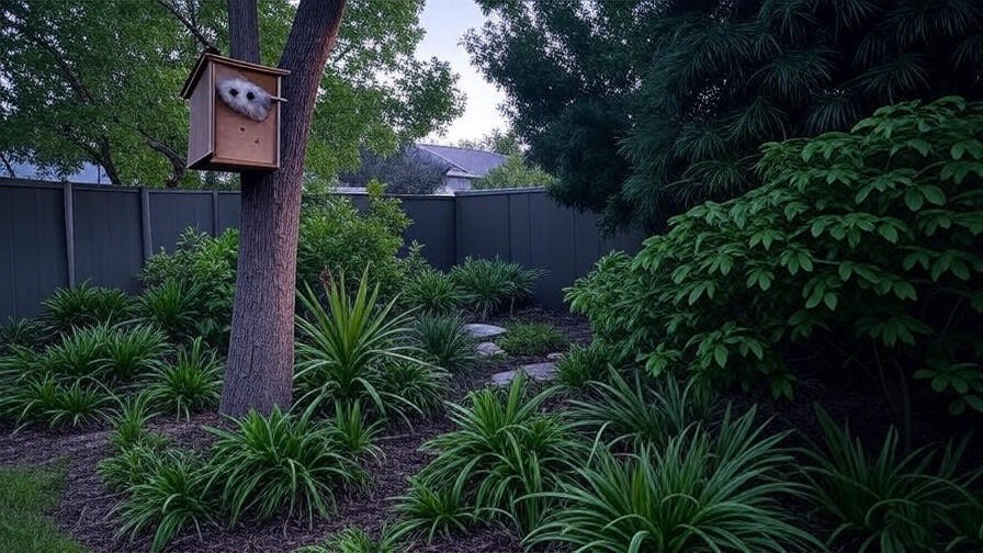 Wooden possum box in a tranquil backyard with native plants at dusk