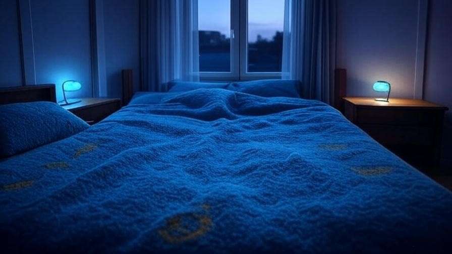 Cozy bedroom with Sleeping With Sirens blanket in soft blue lighting enhancing sleep environment.