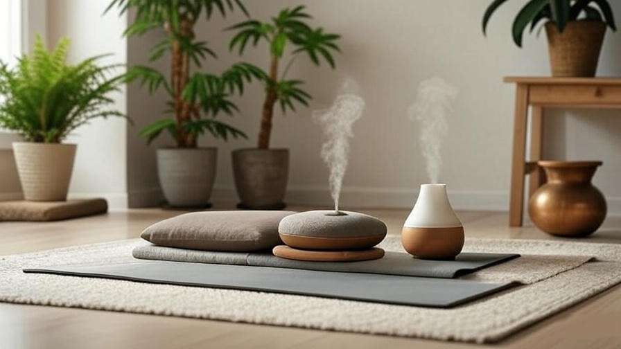 Meditation setup with stool, cushion, mat, diffuser, and sound bowl