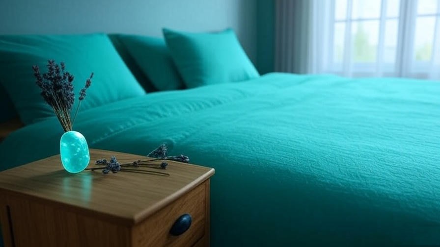 Serene bedroom with Sleeping Beauty turquoise and lavender on nightstand