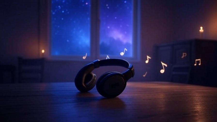 A serene room with candlelight and headphones on a wooden table, glowing musical notes floating, and a starry night sky in the background, evoking a meditative atmosphere for listening to Sleep Token’s Even In Arcadia.
