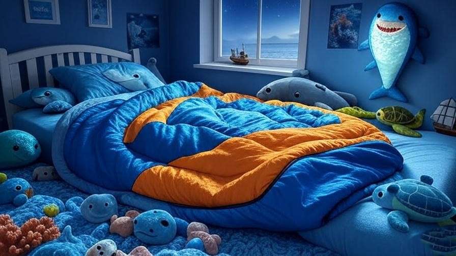 Child’s bedroom with shark sleeping bag and ocean-themed accessories