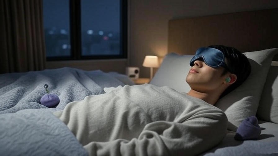 Cozy hotel room setup with eye mask and white noise machine for sleep at Big League Dreams Manteca.