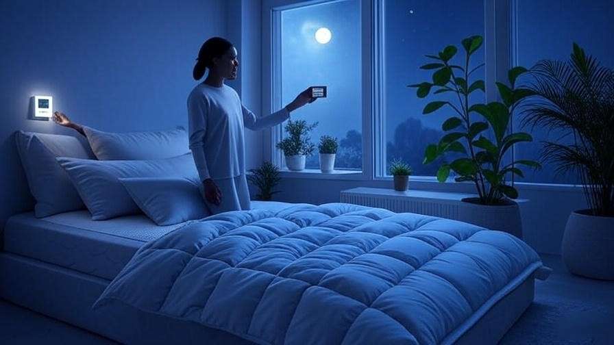 Serene bedroom with cooling bedding and thermostat for better sleep quality.