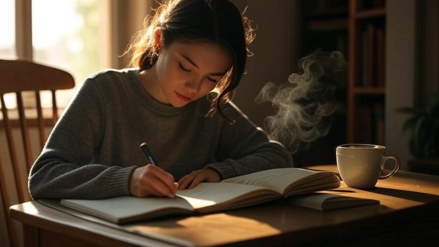 Person journaling with tea in soft morning light for sleep reflection