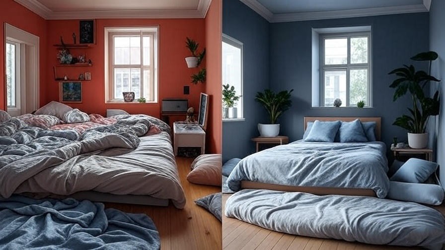 Before-and-after Sherwin Williams Meditative bedroom transformation.