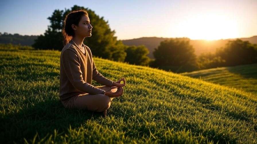 Person meditating on a grassy hill at sunrise in a serene outdoor setting.