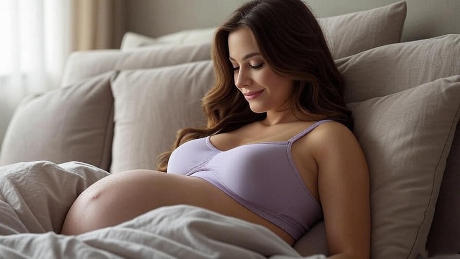 Pregnant woman resting in a stretchy sleep bra for better sleep comfort.
