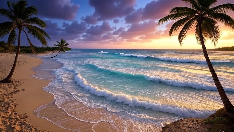 Tranquil Jamaican beach with meditating figure and sunset waves