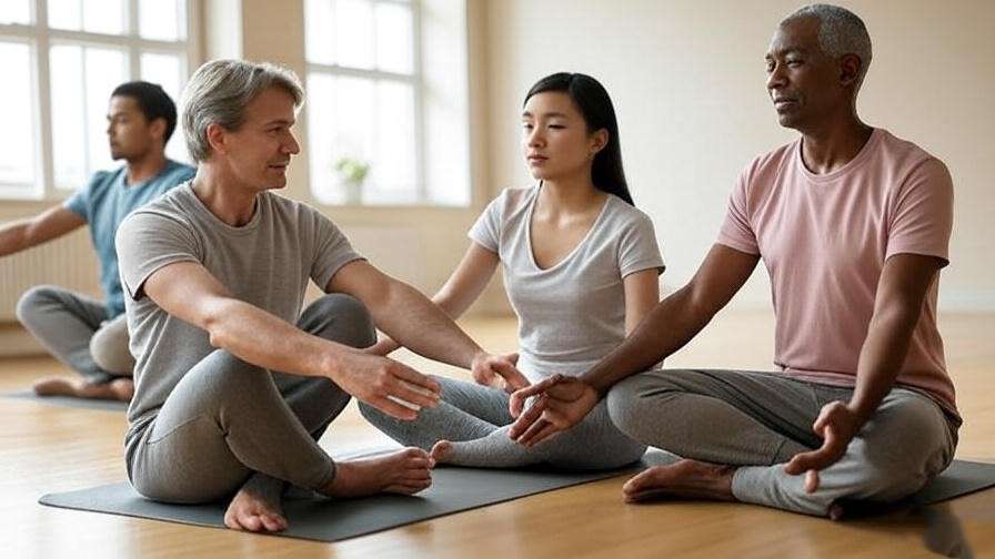 Diverse group practicing meditation and stretching for wellness success stories.