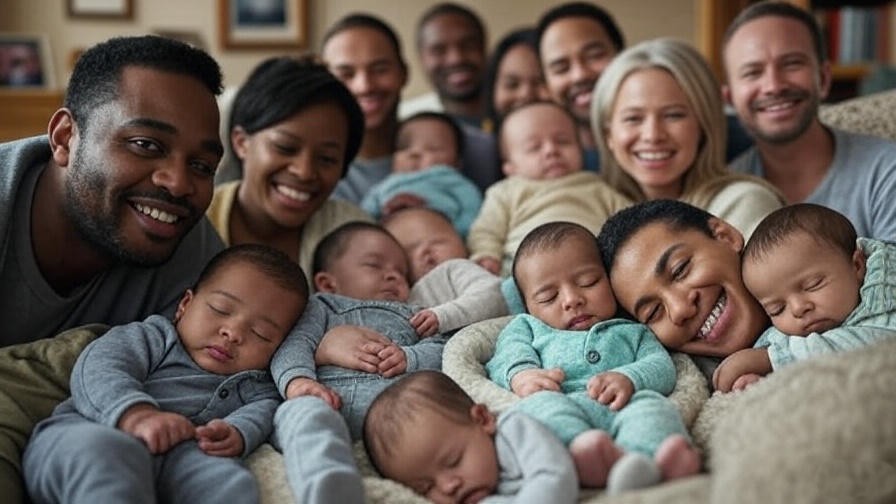 Diverse parents smiling at sleeping babies in cozy home