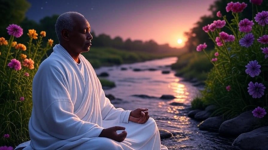 Person meditating by stream with glowing sunrise symbolizing Glorious Mysteries meditation renewal
