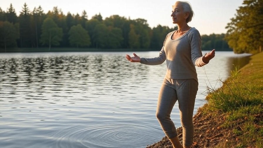 Person walking meditation along Timothy Lake shore with forest