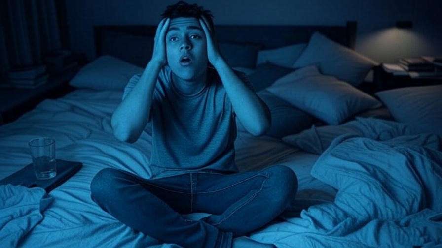 Person experiencing dizziness in a messy bedroom due to sleep deprivation
