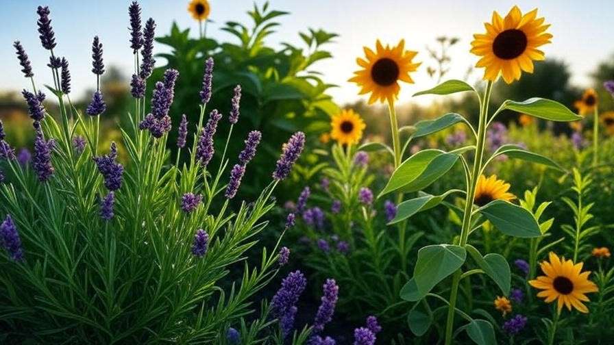 Vibrant pollinator-friendly garden with native flowers at sunset