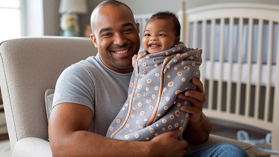 Happy parent holding baby in Copper Pearl Sleep Sack in a serene nursery.