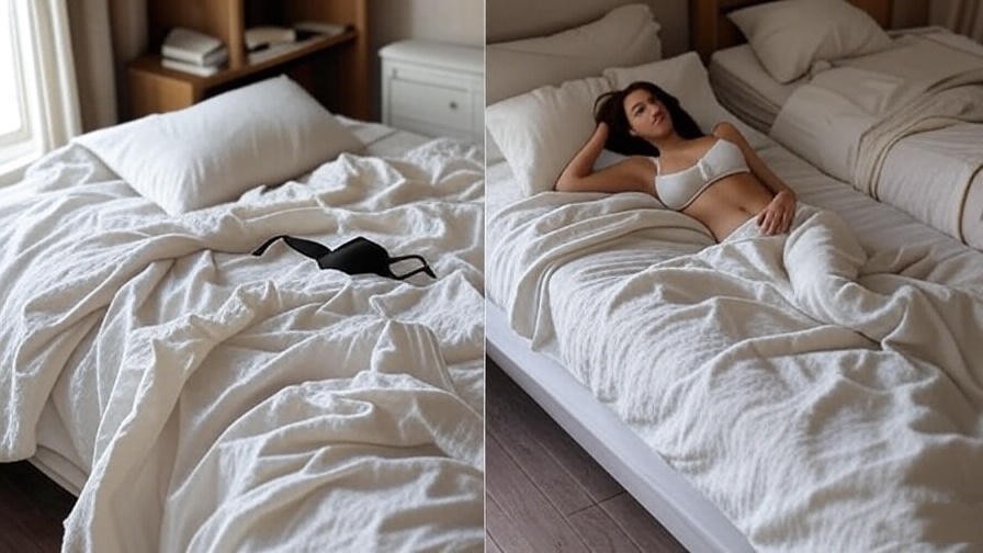 Before-and-after of sleep setup with regular bra vs sleep bra for better rest.