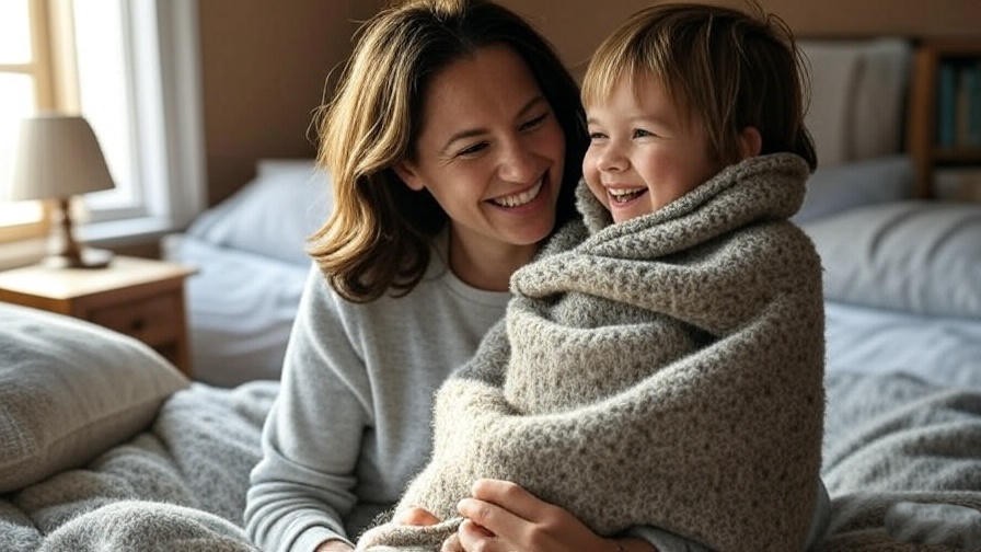 Parent and child smiling with a wool sleep sack in a bedroom