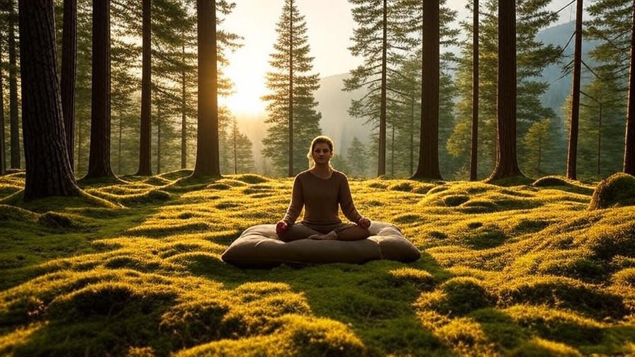 Person meditating in a serene forest clearing at Meditation Point Campground during sunrise.