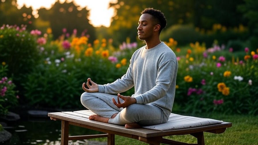 Person meditating on portable bench in lush garden with flowers