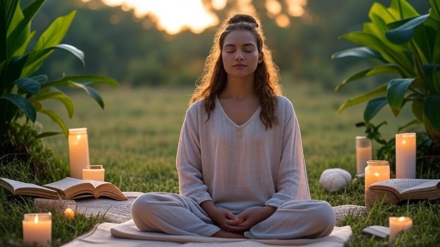 Person meditating outdoors with candles and books during sunrise for AA meditation practice.