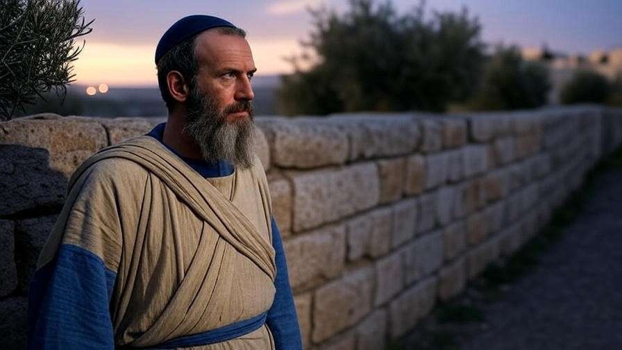 Historical depiction of a Jewish prayer setting with a figure near olive trees and stone wall.