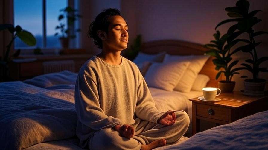 Person meditating in a cozy bedroom with plants and herbal tea
