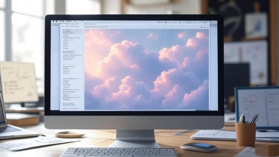 Digital workspace with optimized blog post featuring dreamy AI-generated image