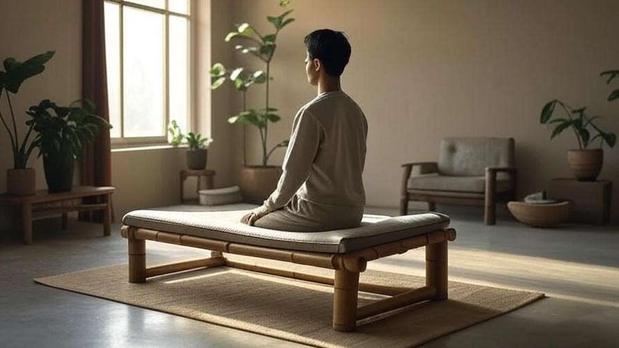 Person meditating on Bluecony Bamboo meditation bench in a serene indoor setting with plants