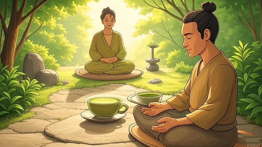 Infographic of matcha tea meditation routine with green tones and natural elements