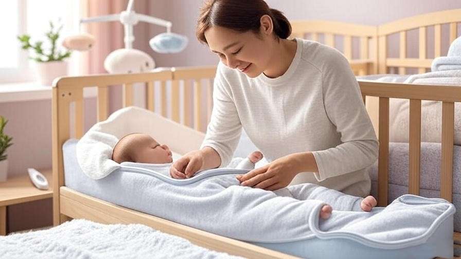 Parent adjusting a 1.5 tog sleep sack on baby with thermometer in a clutter-free nursery.