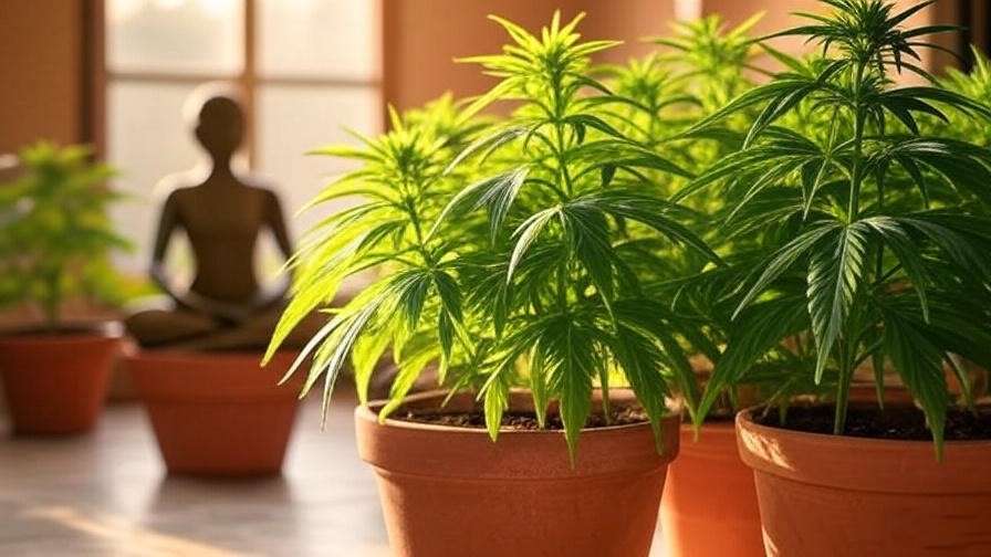 Close-up of cannabis plants in a serene room with a meditating figure in the background for weed and meditation benefits.