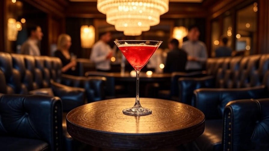 Luxurious Ruth’s Chris happy hour bar with a pomegranate martini and cozy chandelier lighting