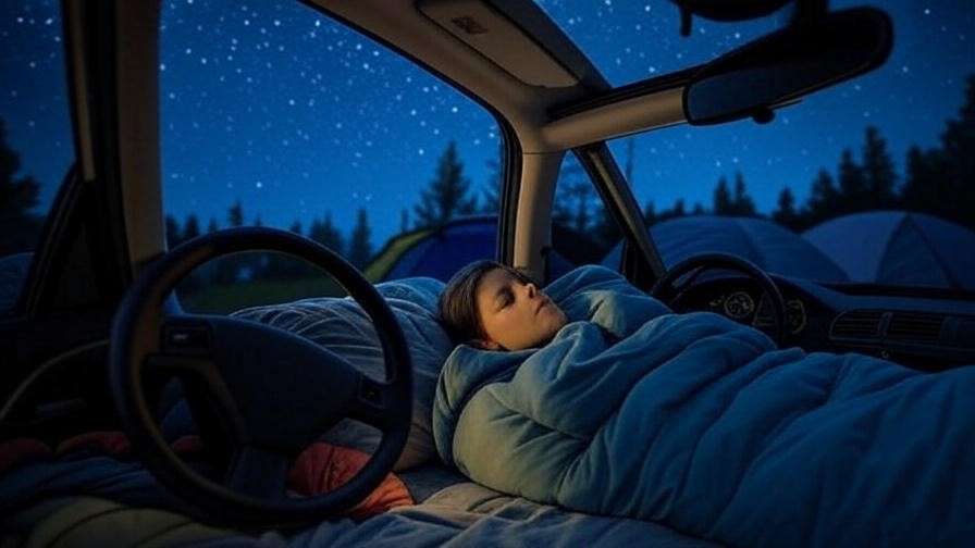 Person sleeping peacefully in hatchback under starry sky with camping gear.
