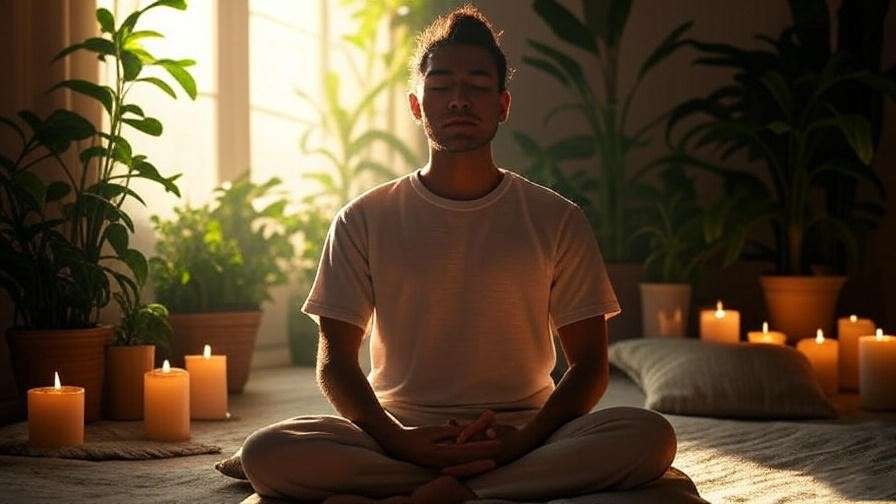 Serene meditation setup with person on cushion, candles, and plants for transcendental meditation practice.