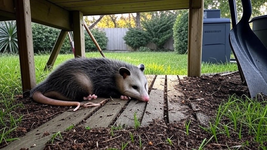 Possum sleeping under a deck in an urban backyard with garden tools