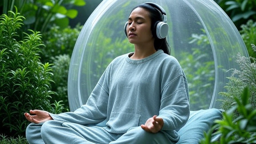 Person relaxing in a meditation pod with headphones in a serene environment with greenery.