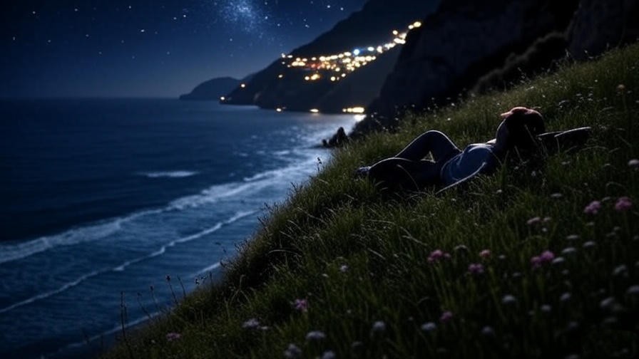 Dreamy Amalfi Coast night scene for New Year sleep meditation.
