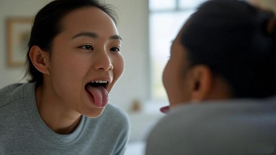 Person doing tongue exercises in a bright room with a mirror reflection.