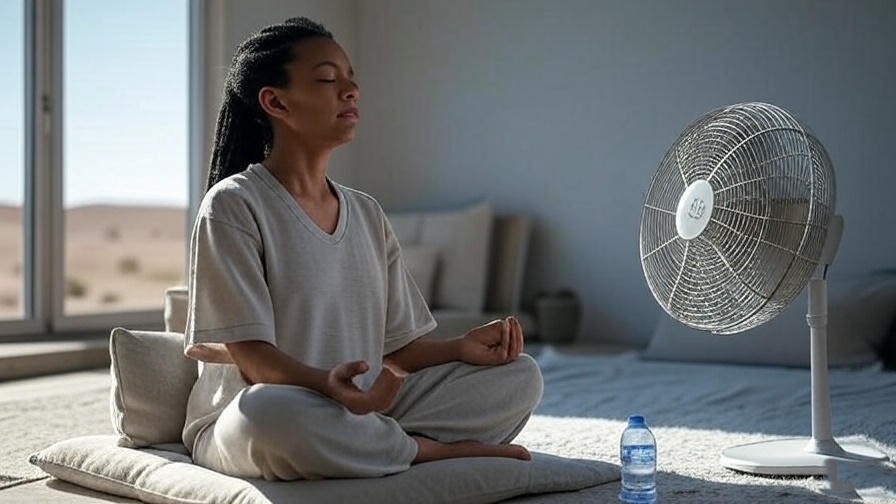 Indoor meditation during Phoenix heat with fan and desert view.