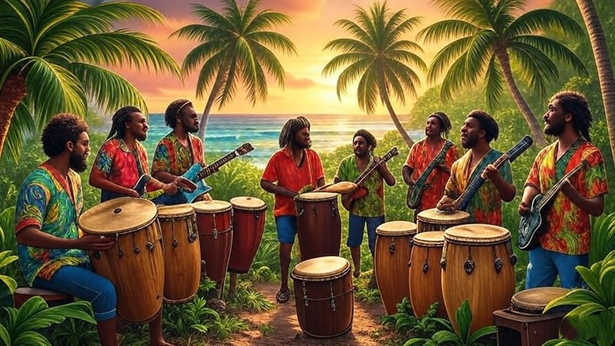 Vibrant Jamaican rainforest with reggae musicians and ocean waves at sunset