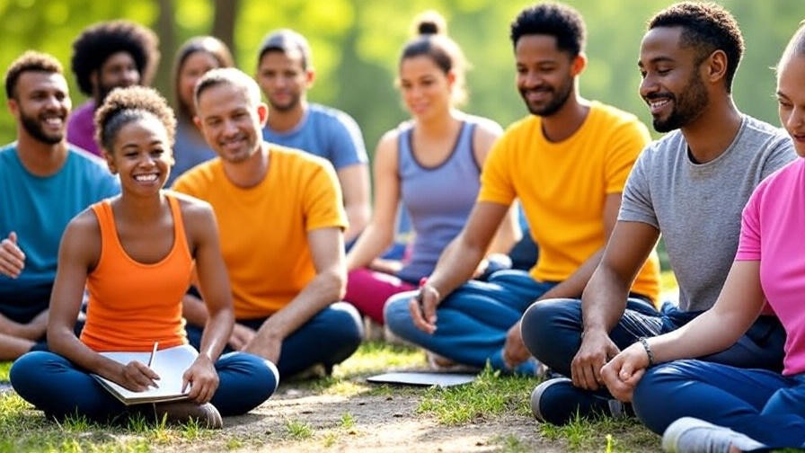 Diverse group of people engaging in well-being activities with a bright background
