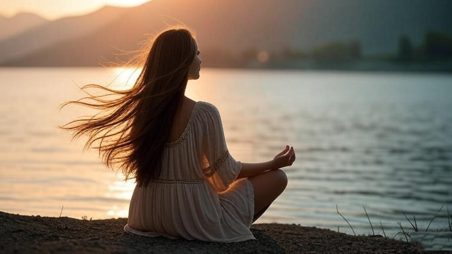 Person meditating by lake at sunset for heart-shifting Katara Atanatos