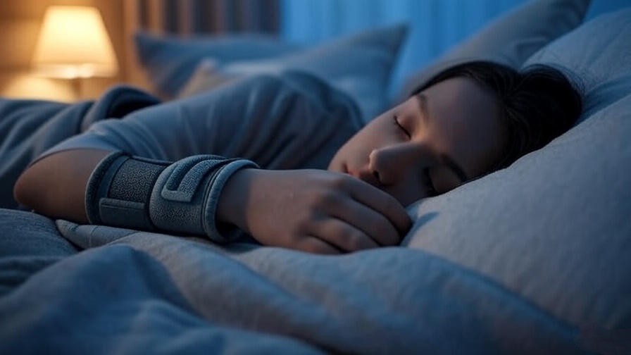 Person sleeping with a carpal tunnel brace on a cozy bed for pain-free rest