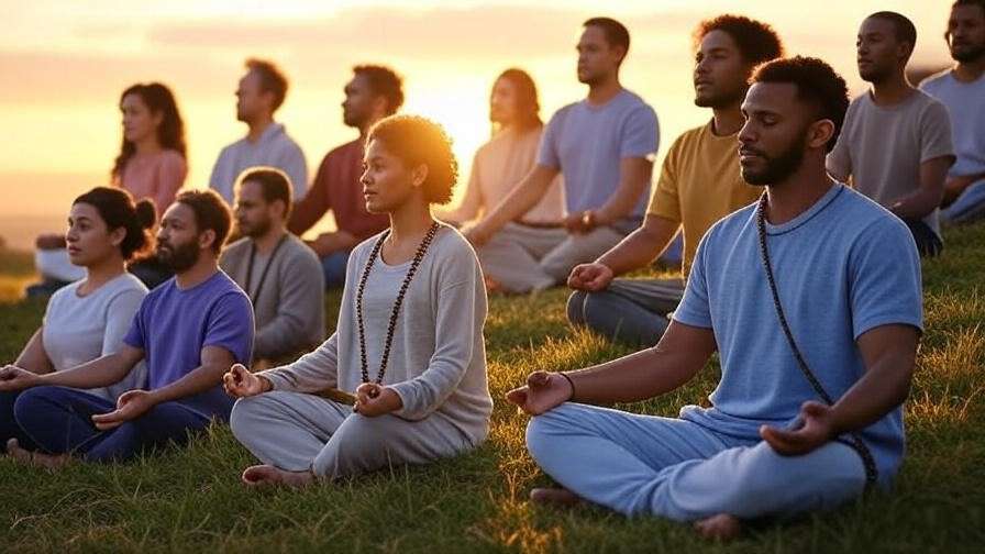 Diverse group meditating outdoors at sunset with mala beads