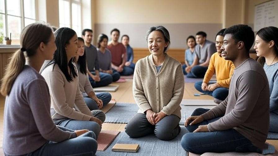 Group learning Transcendental Meditation in a cozy classroom setting.